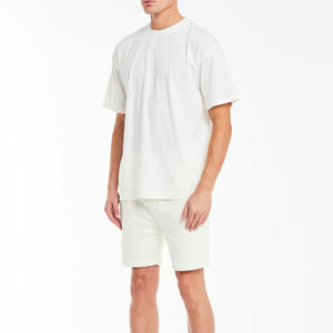 mens <b>white</b> solid <b>plain</b> relaxed short sleeve <b>tshirt</b> matching shorts 2 piece set athletic gym workout track outfit - Product Image 3