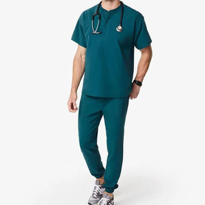 Ensemble de blouses médicales noires pour hommes, haut à manches courtes avec poche, pantalon à cordon de serrage, uniformes d'hôpital, coton et polyester tricoté - Product Image 2