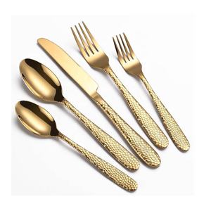 Vente chaude Ensemble de couverts en acier martelé à manche plat traditionnel poli miroir Vaisselle en métal Décoration de table d'hôtel - Product Image 2