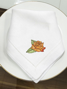 Wholesale Custom Embroidered Lovely Rose <b>Table</b> Napkins White <b>Linen</b> Hemstitch <b>Cloth</b> Napkins for Home Hotel and Wedding Events - Product Image 3