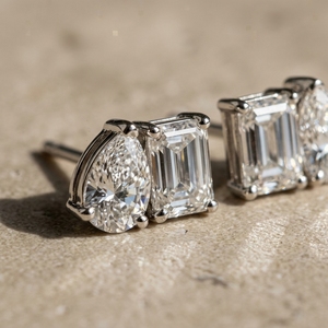 10k 14k 18k White Gold Toi Et Moi <b>Stud</b> Earrings Pear Cut and <b>Emerald</b> Cut Lab Grown Diamonds Two Stone Daily Wear Simple Earrings - Product Image 4