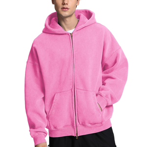 <b>Men's</b> <b>Pink</b> Hooded Zip-Up <b>Sweatshirt</b> Oversized Fit Casual Autumn Wear Solid Color Full Zip Knitted Hoodie - Product Image 1