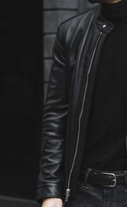 Veste de moto en cuir véritable noir de haute qualité pour homme, col montant, fermeture éclair, coupe ajustée, pour l'automne - Product Image 4