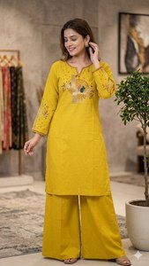 <b>Women</b> Cotton Embroidered <b>Kurta</b> Palazzo Set Traditional Indian Pakistani Casual Wear Knee Length Regular Fit Summer Outfit - Product Image 5