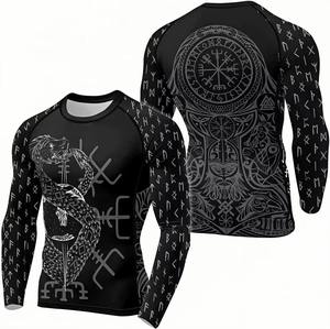 เสื้อแรชการ์ดแขนยาวสำหรับผู้ชาย สีดำขาว พิมพ์ลายมังกรนอร์ส แห้งเร็ว ผลิตจากโพลีเอสเตอร์ - Product Image 1