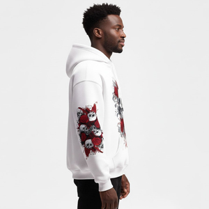 Sudadera con capucha de forro polar grueso, extragrande, de moda, personalizada, con estampado de calavera y rosas, teñido degradado, 100% algodón, manga larga, informal, con pedrería, para invierno - Product Image 3