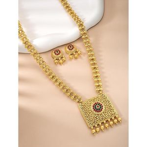 Conjunto de Collar Largo y Pendientes de Latón Chapado en Oro Indio, Joyería Étnica para Mujer, Diseño de Flor con Circones, Rani Haar - Product Image 1