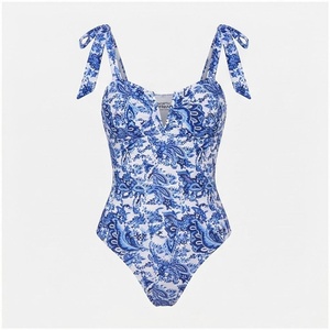 Maillot de bain une pièce pour femmes, imprimé floral bleu, col en V, bretelles à nouer, body extensible push-up - Product Image 1