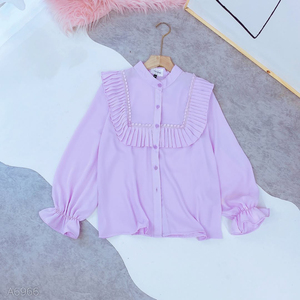 Blusa de Manga Larga para Mujer al por Mayor, con Pliegues, Volantes Frontales, Ribete de Encaje, Cuello Mandarín, Botones, Elegante, para Oficina o Casual - Product Image 2