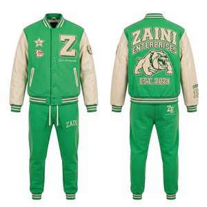 Mens Varsity Tracksuit Premium 380 GSM Cotton Polyester Fleece Green White Contrast Panel Custom Chenille <b>Embroidery</b> Tackle - Product Image 1