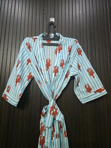 Robe longue en coton pour femmes, imprimé homard, rayée, manches trois quarts, col en V, peignoir décontracté avec fermeture à cordon - Product Image 4