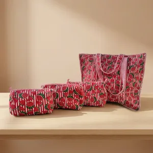 Conjunto de Bolsos Ecológicos de Algodón Acolchado con Estampado de Sandía, Bolso de Hombro con Cremallera, Bolsas de Viaje para Cosméticos y Artículos de Aseo - Product Image 3