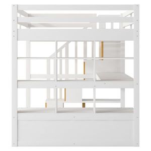 Lit mezzanine moderne pleine grandeur avec bureau, étagères, rangement et escalier, taille Queen, blanc et bois naturel - Product Image 3