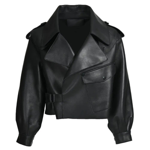 Blouson Moto Femme Tendance en Cuir Véritable Orange, Col Rabattu, Manches Longues, Épaulettes, Fermeture Ceinture, Style Automne - Product Image 5