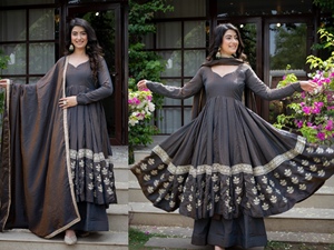 Heavy Vichitra <b>Silk</b> Sequence Embroidery Anarkali Suit Set With Stitched <b>Palazzo</b> And Matching Dupatta For Party Wear Women - Product Image 2