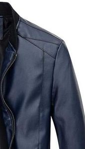 Blouson moto en cuir PU noir pour homme, col montant, fermeture éclair, coupe classique, couleur unie, vêtement d'automne - Product Image 6