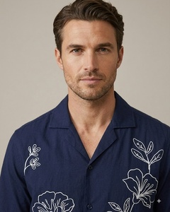 <b>Men's</b> Navy Blue Cotton Poplin Short Sleeve <b>Shirt</b> With Hand Embroidery Floral Pattern Turn-down Collar Casual Summer Wear - Product Image 4