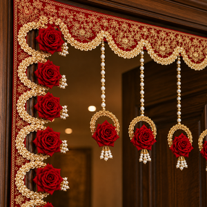 Premium Red Rose Embroidered Toran with Pearl Tassels and Golden Lace Decorative Door Hanging for Wedding and Home Decor - Product Image 3