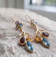 Boucles d'oreilles pendantes vintage plaquées or, style branche de fruit, avec cristaux multicolores et strass, pour femme, idéales pour mariage et soirée