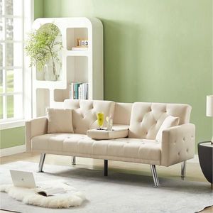 Divano Letto Convertibile in Lino Beige con Braccioli Quadrati, Portabicchieri e Due Cuscini - Product Image 3