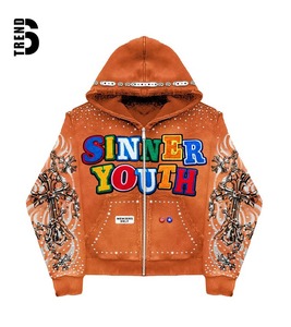 Sweat-shirt unisexe personnalisé d'hiver à fermeture éclair, coupe oversize, manches évasées, court, effet usé, en molleton épais, délavé à l'acide, avec strass - Product Image 1