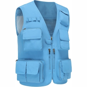 <b>Men's</b> Blue Casual Work <b>Vest</b> V-Neck Zipper Closure Multiple Pockets Breathable Polyester Outerwear Summer Style - Product Image 3