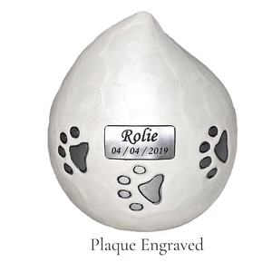 Urna Funeraria de Metal Esmaltada en Blanco para Mascotas, Urna Conmemorativa con Huella de Pata y Nombre Personalizado para Entierro - Product Image 5