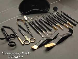 Kit d'instruments chirurgicaux noir et or pour microchirurgie, certifié CE, outils manuels de classe II pour la chirurgie générale - Product Image 1