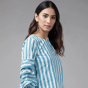 Ensemble 2 pièces long pour femme, en coton à rayures imprimées, bleu, formel, été, écologique, confortable, respirant, pour le quotidien - Product Image 1