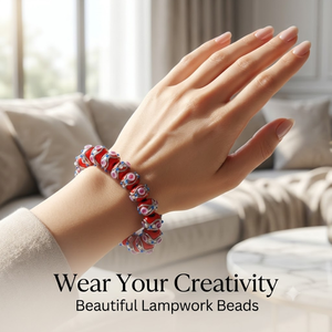 Decorative Wedding Cake Lampwork Crystal <b>Beads</b> 12mm Round <b>Red</b> Glass with Silver Swirl Floral Pattern Handmade Jewelry - Product Image 2