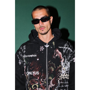 <b>Black</b> Rhinestone <b>Zip</b>-Up <b>Hoodie</b> Men Horror Movie Graphic Sweatshirt Oversized Pullover 100% Cotton Autumn - Product Image 5