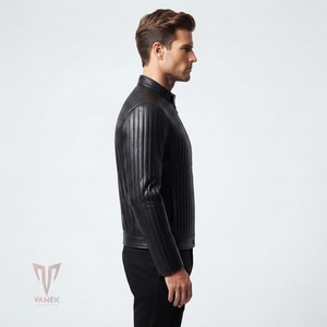 Chaqueta de Cuero Negra para Hombre VANEK, Estilo Motero, Cuello Alto, Cierre de Cremallera, Corte Ajustado, Resistente al Viento para Invierno - Product Image 2