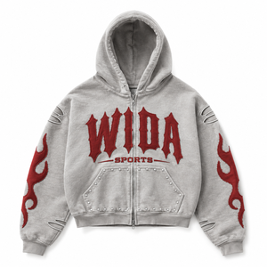 Sweat à capuche Wida Sports gris hiver surdimensionné avec fermeture éclair intégrale, respirant, avec applique flamme rouge et poches cloutées, streetwear unisexe en polaire - Product Image 1