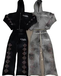 Ensemble Sweat à Capuche Surdimensionné avec Strass Personnalisé Taille Haute Vintage Baggy Pantalon de Survêtement à Jambes Larges avec Strass Survêtement pour Hommes Femmes - Product Image 1