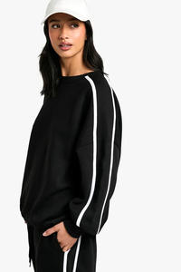 Sudadera Negra de Cuello Redondo para Mujer con Rayas Laterales Blancas, Corte Holgado, Informal, Tejida, Manga Larga, para Todas las Temporadas - Product Image 2