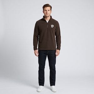 Dumela Men's <b>Brown</b> Quarter Zip <b>Fleece</b> Pullover With White Logo Front Print Regular Fit Casual Autumn Wear - Product Image 3