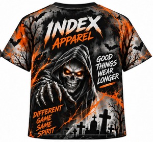 Camiseta de Manga Corta con Estampado de Calabaza y Murciélago de Halloween para Hombre, Corte Regular, Cuello Redondo, Tejido de Punto, 100% Poliéster, Marca Index Apparel - Product Image 4