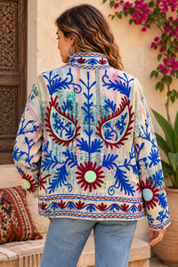 Veste en coton Suzani, style floral, manteau bohème, vêtements de créateur, veste brodée, faite à la main, couleur grise, manteau pour femme - Product Image 2