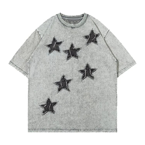 Customized 100% Cotton Jersey <b>Acid</b> Wash short Sleeves Star Patches Distressed Oversized <b>Drop</b> Shoulder Men's T-shirts - Product Image 1