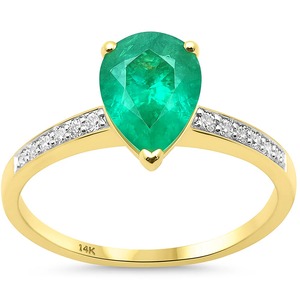 Anillo de Oro Sólido de 14K con Esmeralda Corte Pera y Banda con Acentos de Diamantes, Joyería Fina Elegante para Compromiso/Boda - Product Image 1