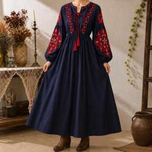 Vestido Maxi Boho Premium de Algodón con Bordado Rojo, Manga Larga, Corte en A, Holgado, Cuello con Lazo, Estilo Vintage, Ropa Casual de Primavera - Product Image 5