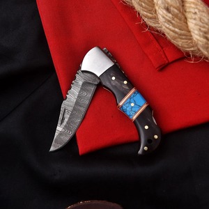 Cuchillo de Acero de Damasco con Hoja de Punta Caída y Mango con Incrustaciones de Turquesa, Cuchillo de Caza de Borde Recto, Longitud Total de 6.5 Pulgadas - Product Image 5