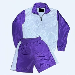 Unisex Purple White Color Blocking Tracksuit Set Full Sleeve Half Zip Lightweight Sporty Design Spring Adults Short <b>Pants</b> - Product Image 1
