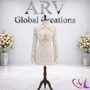 Luxury Hand Embellished Pearl Beaded Cut Mini Dress | Designer Regular Sleeve High Neck Built-in <b>Bra</b> Eco-Friendly Cocktail - Product Image 2