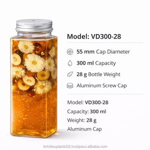 300ml Square PET <b>Plastic</b> <b>Jar</b> 55mm Neck with Screw Lid for Asia America Export of Juice Tea Coffee Beverages Packaging - Product Image 6