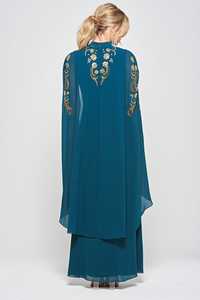 Robe de mariée élégante bleu sarcelle à col en V, broderies florales, manches cape en maille, coupe trapèze, longueur ras du sol, style fourreau ajusté, toutes saisons - Product Image 2