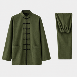 TESSUTO Ensemble de veste d'uniforme d'arts martiaux vert olive avec passepoil noir, style Tang, col mandarin, boutons grenouille, en polyester et coton - Product Image 1