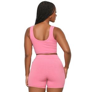 Conjunto de Dos Piezas para Mujer: Top Corto de Cuello Redondo con Canalé Rosa Sólido y Pantalones Cortos de Cintura Alta, Ropa al por Mayor OEM ODM - Product Image 5
