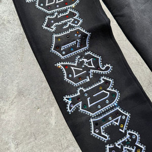 ชุดเซ็ตฮู้ดดี้สองชิ้นผ้าฝ้ายเฟรนช์เทอร์รี่เนื้อหนาสำหรับผู้ชาย สไตล์วินเทจแบบสั่งทำพิเศษ ล้างสีซีดแบบซันเฟด ประดับด้วยคริสตัล ทรงโอเวอร์ไซส์ - Product Image 3