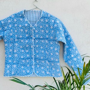 Blue Embossed Print V-Neck <b>Cardigan</b> Full Sleeve Cotton Quilted Jacket <b>Spring</b> Outerwear Elegant Women's Coat - Product Image 3